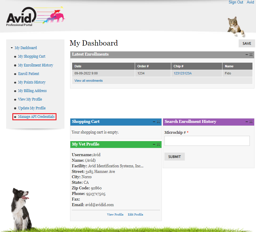 The Portal dashboard is shown with "Manage API Credentials" outlined in red.