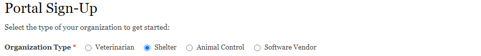 In the Portal Sign-Up form, "Shelter" is selected for the field "Organization Type"