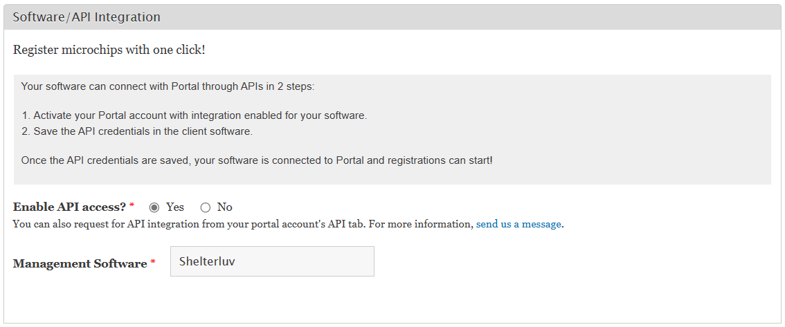 In the Portal Sign-Up form, "Yes" is selected for the field "Enable API access?" and "ShelterLuv" is entered for the field "Management Software."